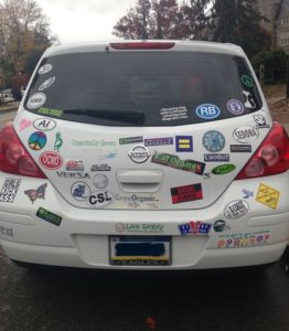 With regards to selling safely this is a picture of a vehicle showing a ton of stickers that give away a lot of information. This is a poor example of a sanitized vehicle.