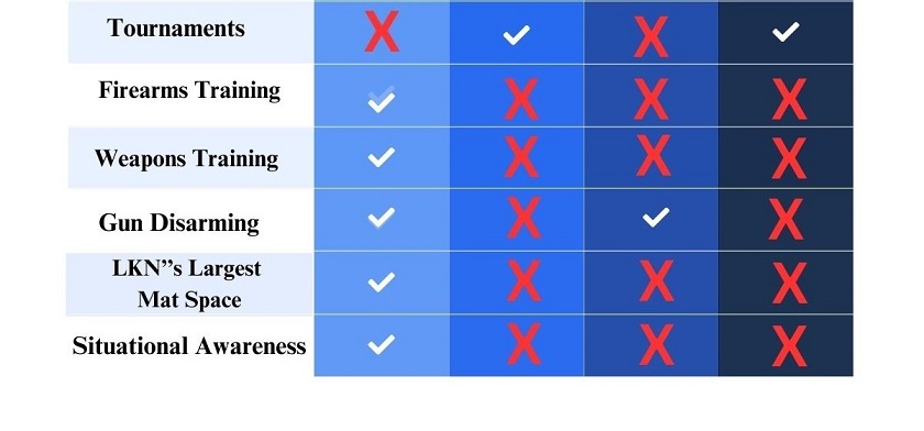 Part two of a comparison chart showing all the modules pertaining to self-defense training that Krav Maga LKN teach that others don't